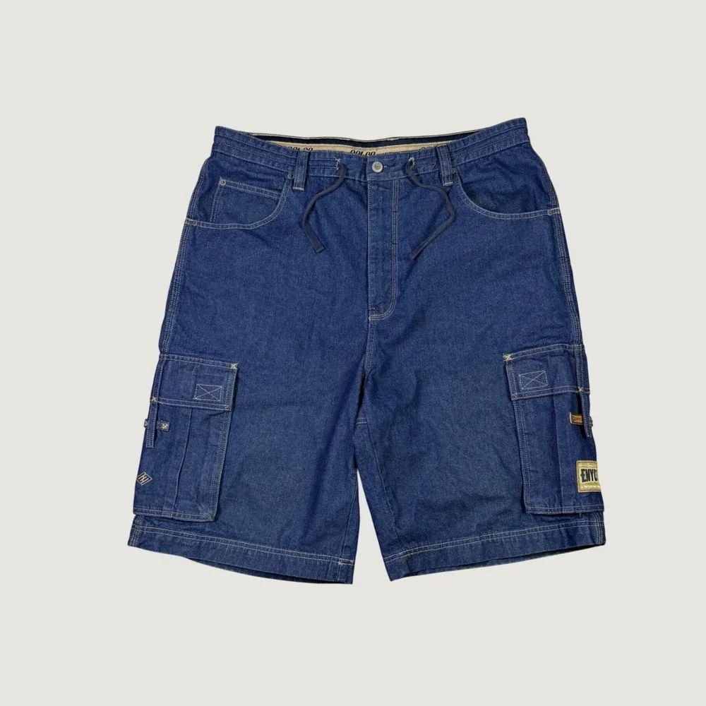 Enyce Mens Baggy Denim Cargo Shorts Blue Dark Wash Streetwear Size 36 Vintage